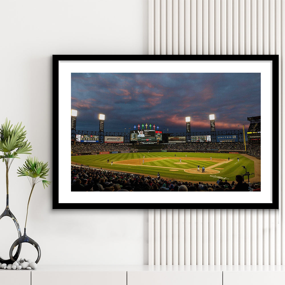 Guaranteed Rate Field at Night, Stadium Canvas, Sport Art, Gift for him, White Border Framed Art Print Wall Decor