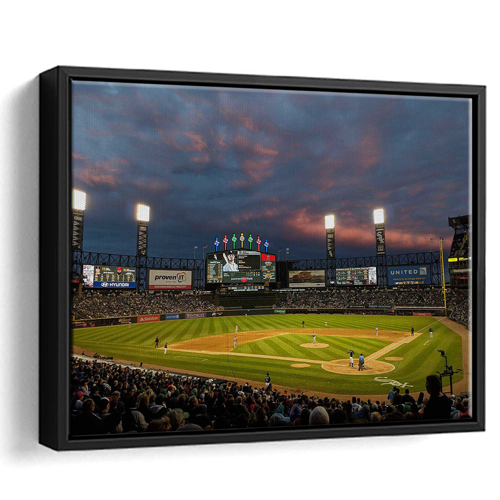 Guaranteed Rate Field at Night, Stadium Canvas, Sport Art, Framed Canvas Print Wall Art, Floating Frame