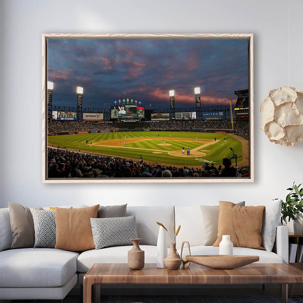 Guaranteed Rate Field at Night, Stadium Canvas, Sport Art, Framed Canvas Print Wall Art, Floating Frame
