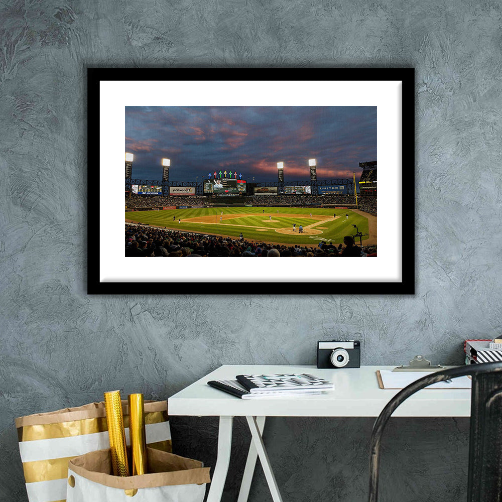 Guaranteed Rate Field at Night, Stadium Canvas, Sport Art, Gift for him, White Border Framed Art Print Wall Decor