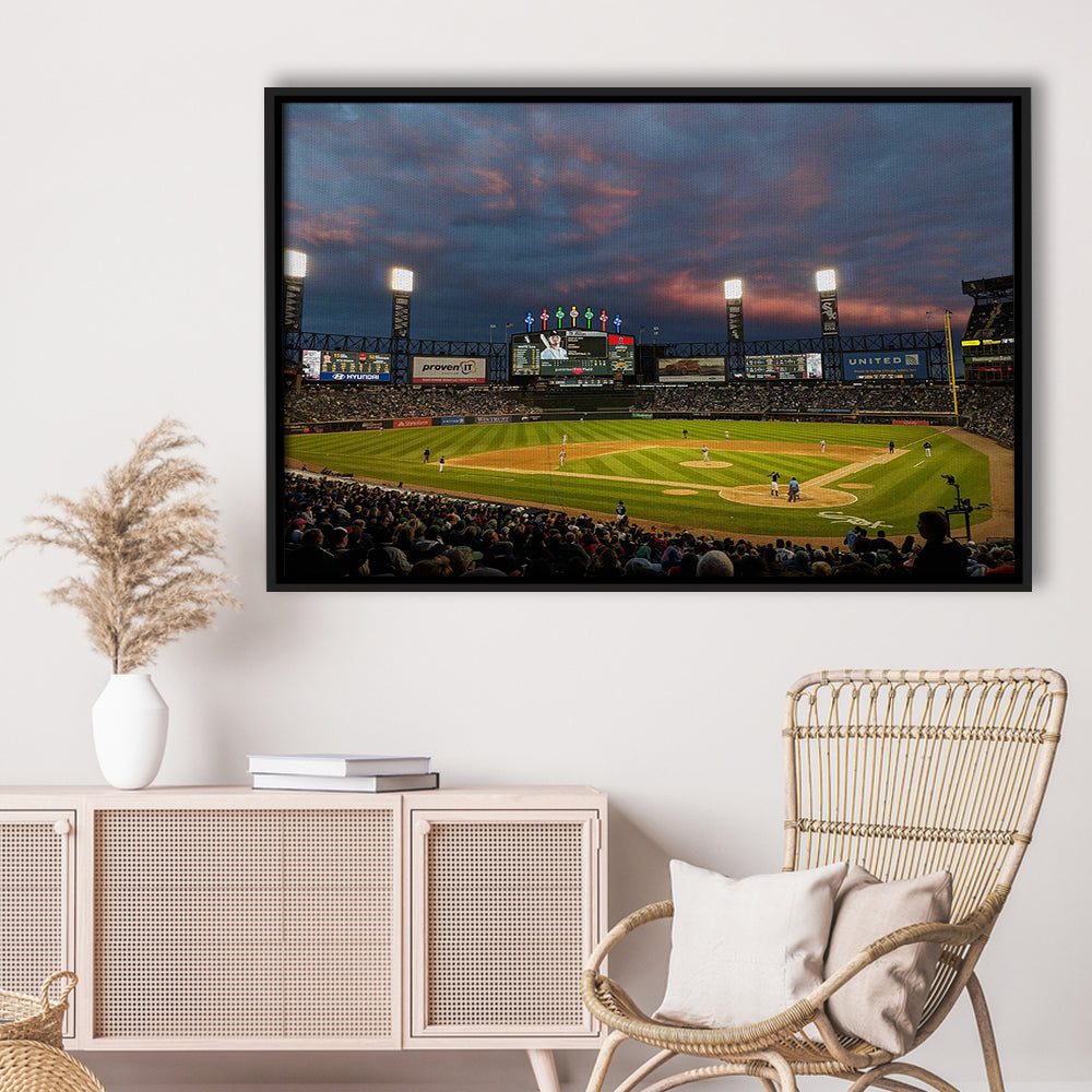 Guaranteed Rate Field at Night, Stadium Canvas, Sport Art, Framed Canvas Print Wall Art, Floating Frame