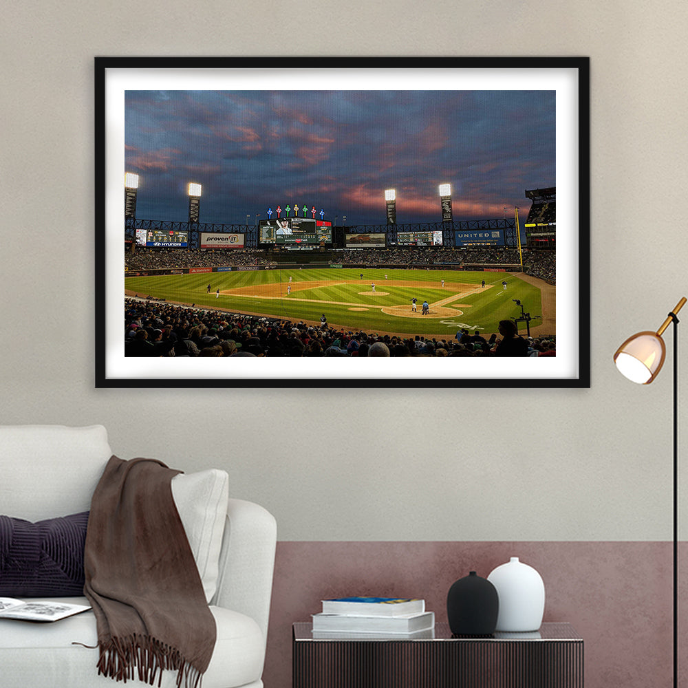 Guaranteed Rate Field at Night, Stadium Canvas, Sport Art, Gift for him, White Border Framed Art Print Wall Decor