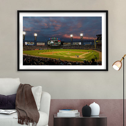 Guaranteed Rate Field at Night, Stadium Canvas, Sport Art, Gift for him, White Border Framed Art Print Wall Decor