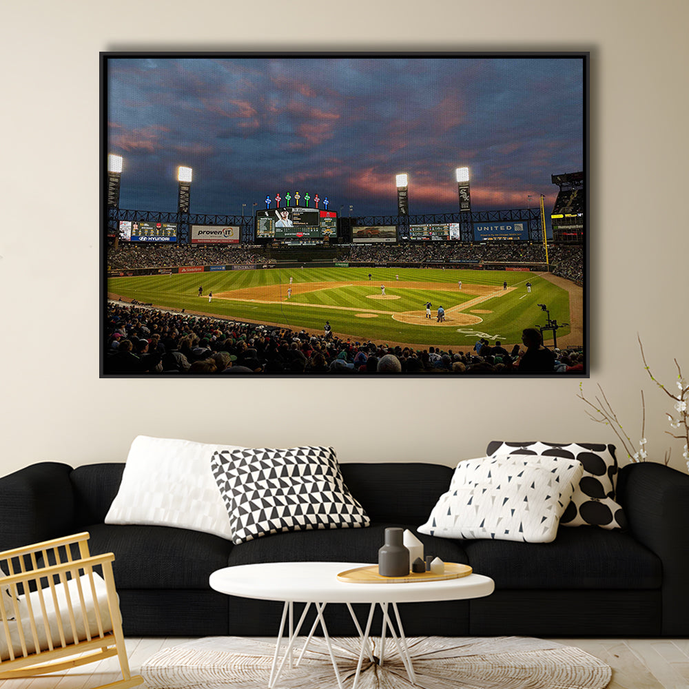 Guaranteed Rate Field at Night, Stadium Canvas, Sport Art, Framed Canvas Print Wall Art, Floating Frame