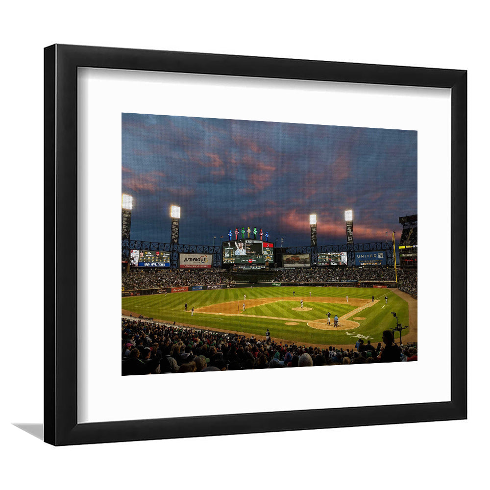 Guaranteed Rate Field at Night, Stadium Canvas, Sport Art, Gift for him, White Border Framed Art Print Wall Decor