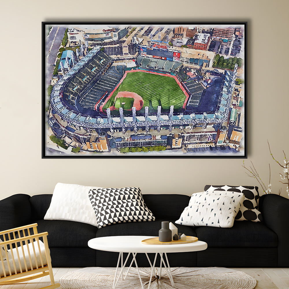 Guardians Baseball Team, Progressive Field Watercolor, Sport Gift Art, Framed Canvas Print Wall Art