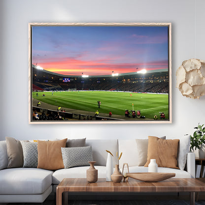 Hampden Park in Sunset View, Stadium Canvas, Sport Art, Framed Canvas Print Wall Art, Floating Frame