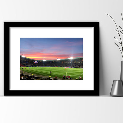 Hampden Park in Sunset View, Stadium Canvas, Sport Art, Gift for him, White Border Framed Art Print Wall Decor
