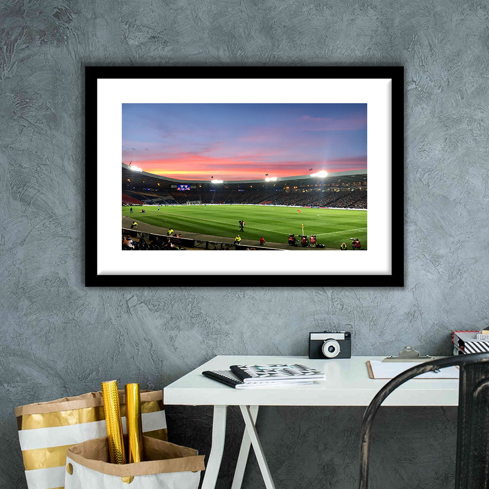 Hampden Park in Sunset View, Stadium Canvas, Sport Art, Gift for him, White Border Framed Art Print Wall Decor