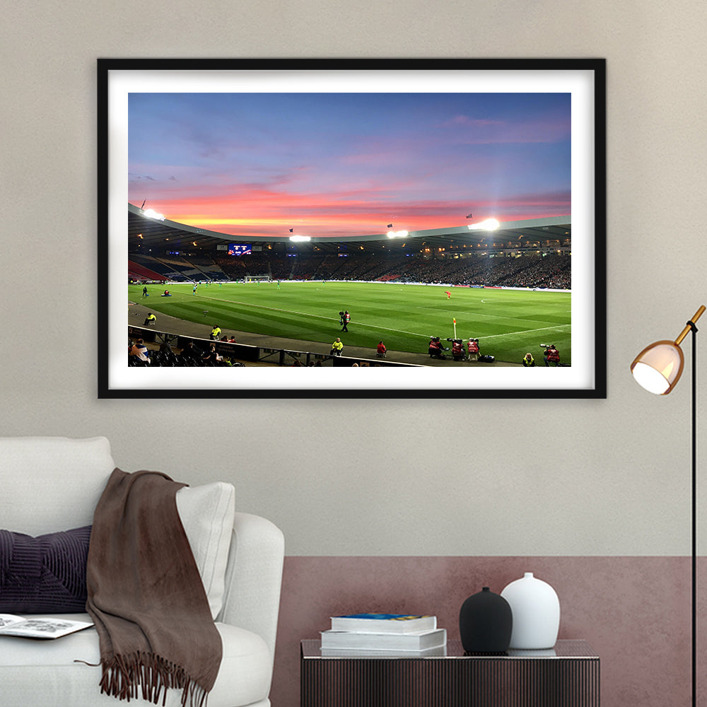 Hampden Park in Sunset View, Stadium Canvas, Sport Art, Gift for him, White Border Framed Art Print Wall Decor