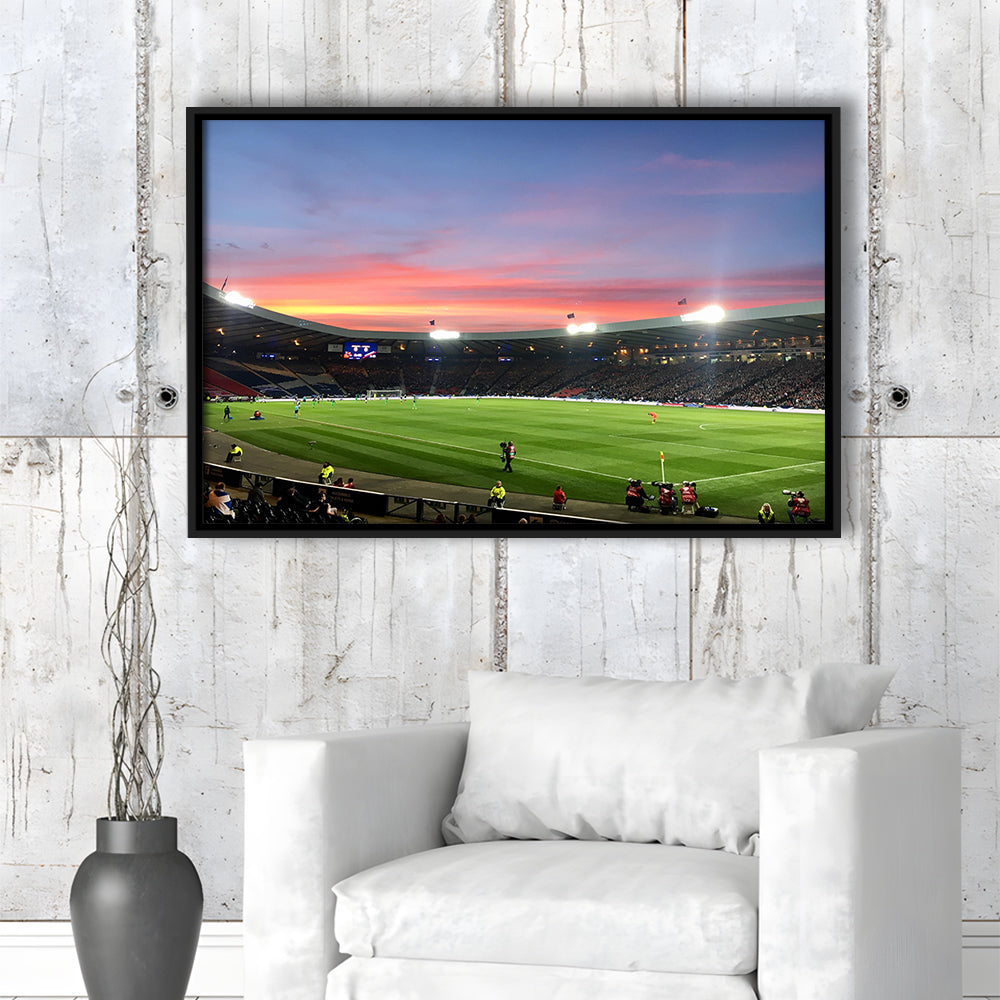 Hampden Park in Sunset View, Stadium Canvas, Sport Art, Framed Canvas Print Wall Art, Floating Frame