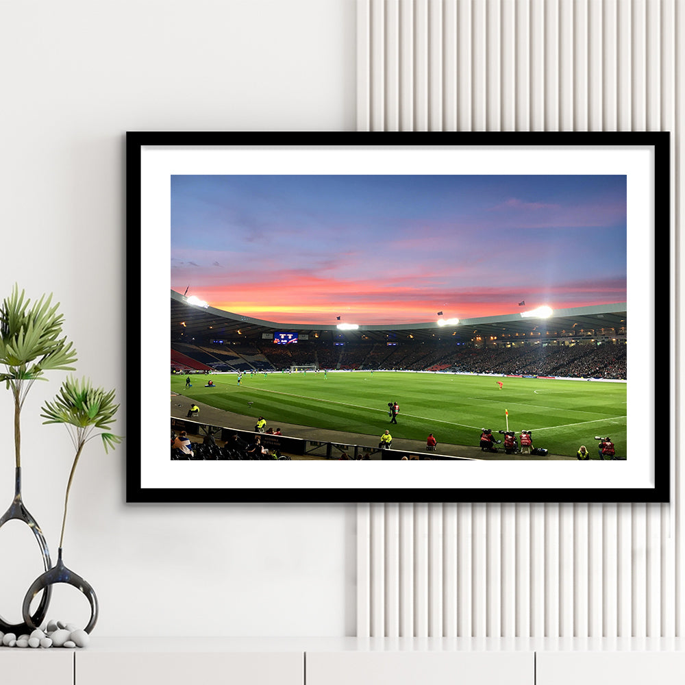 Hampden Park in Sunset View, Stadium Canvas, Sport Art, Gift for him, White Border Framed Art Print Wall Decor