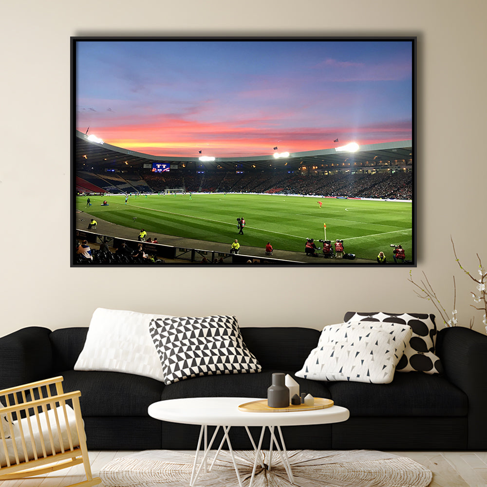 Hampden Park in Sunset View, Stadium Canvas, Sport Art, Framed Canvas Print Wall Art, Floating Frame