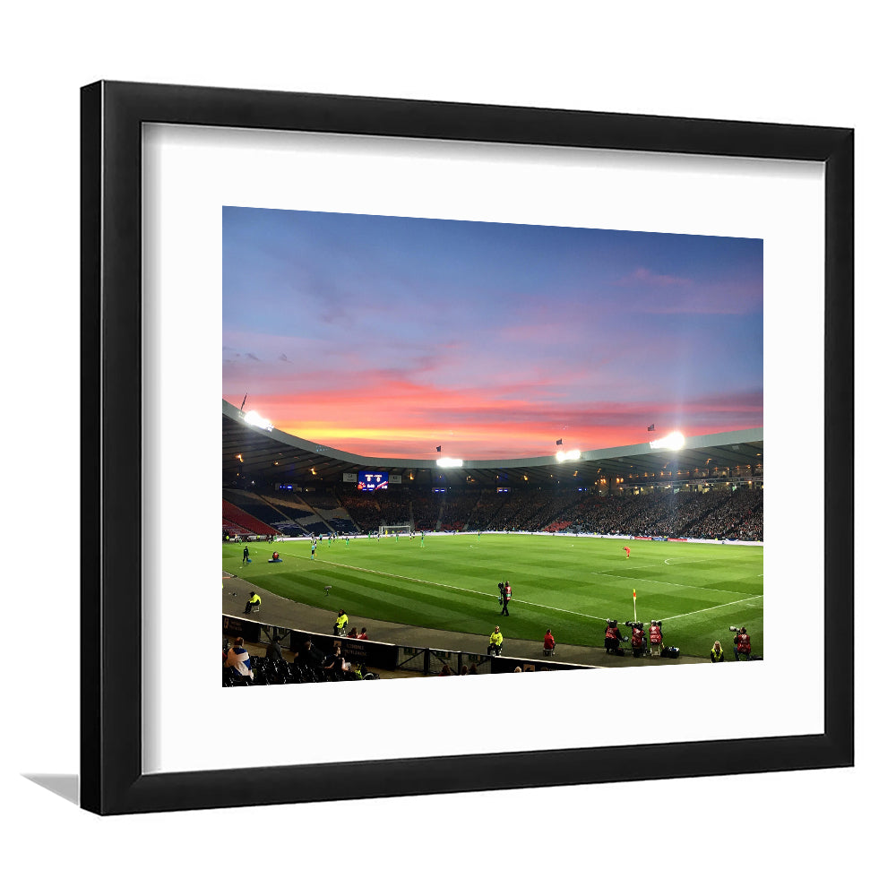 Hampden Park in Sunset View, Stadium Canvas, Sport Art, Gift for him, White Border Framed Art Print Wall Decor