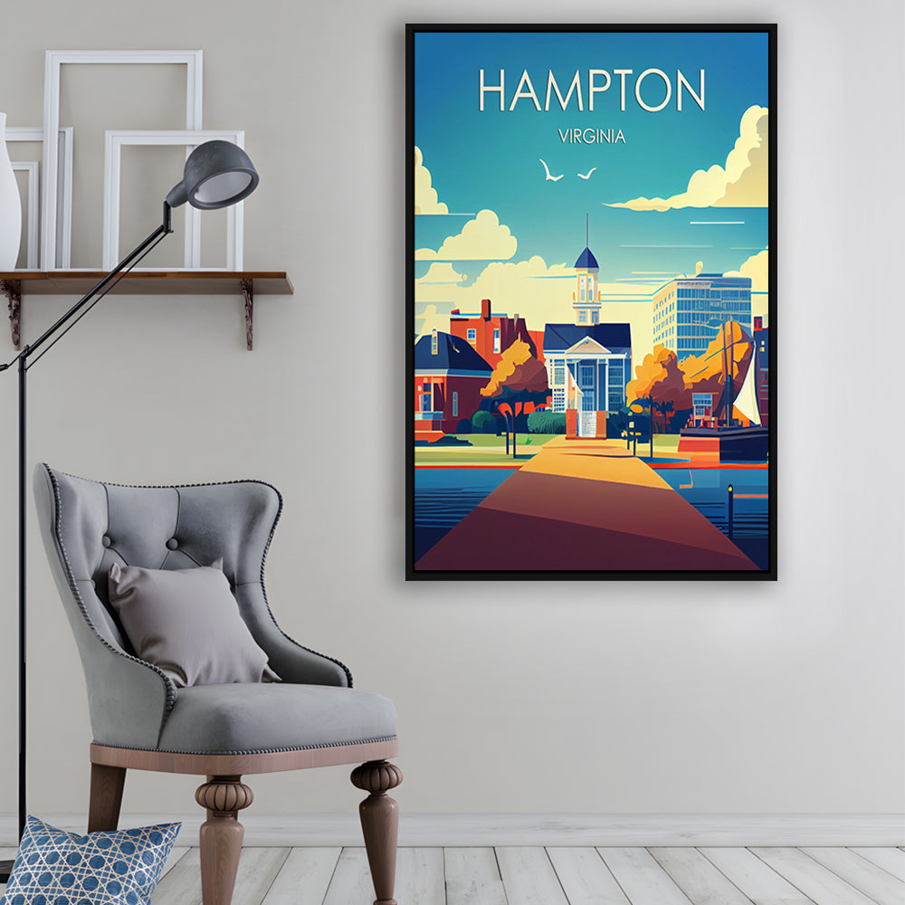 Hampton Virginia Retro Art Print, Hampton City Wall Art, Floating Framed Canvas Print, Framed Picture, Painting Canvas