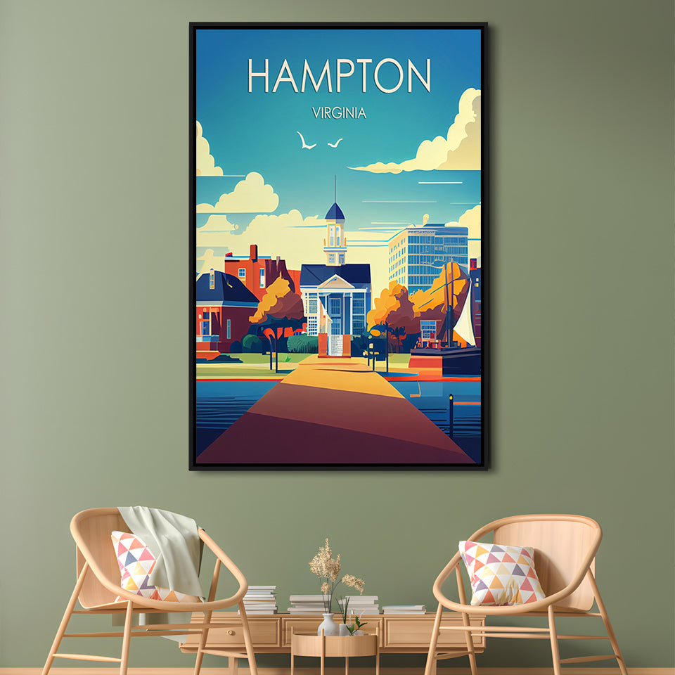 Hampton Virginia Retro Art Print, Hampton City Wall Art, Floating Framed Canvas Print, Framed Picture, Painting Canvas