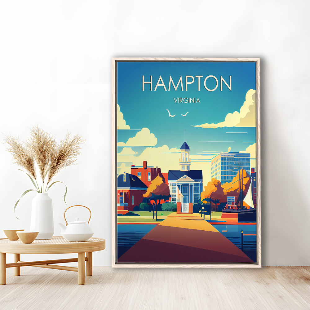 Hampton Virginia Retro Art Print, Hampton City Wall Art, Floating Framed Canvas Print, Framed Picture, Painting Canvas