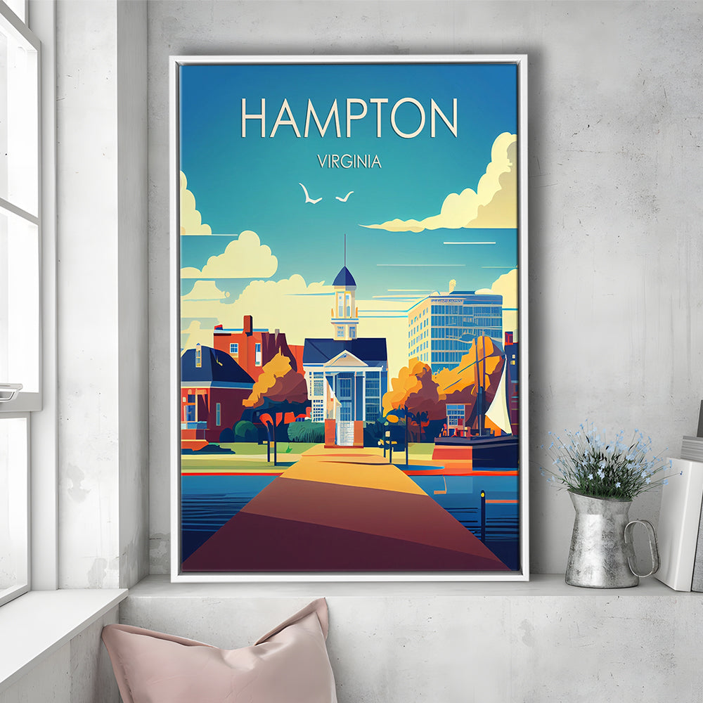 Hampton Virginia Retro Art Print, Hampton City Wall Art, Floating Framed Canvas Print, Framed Picture, Painting Canvas