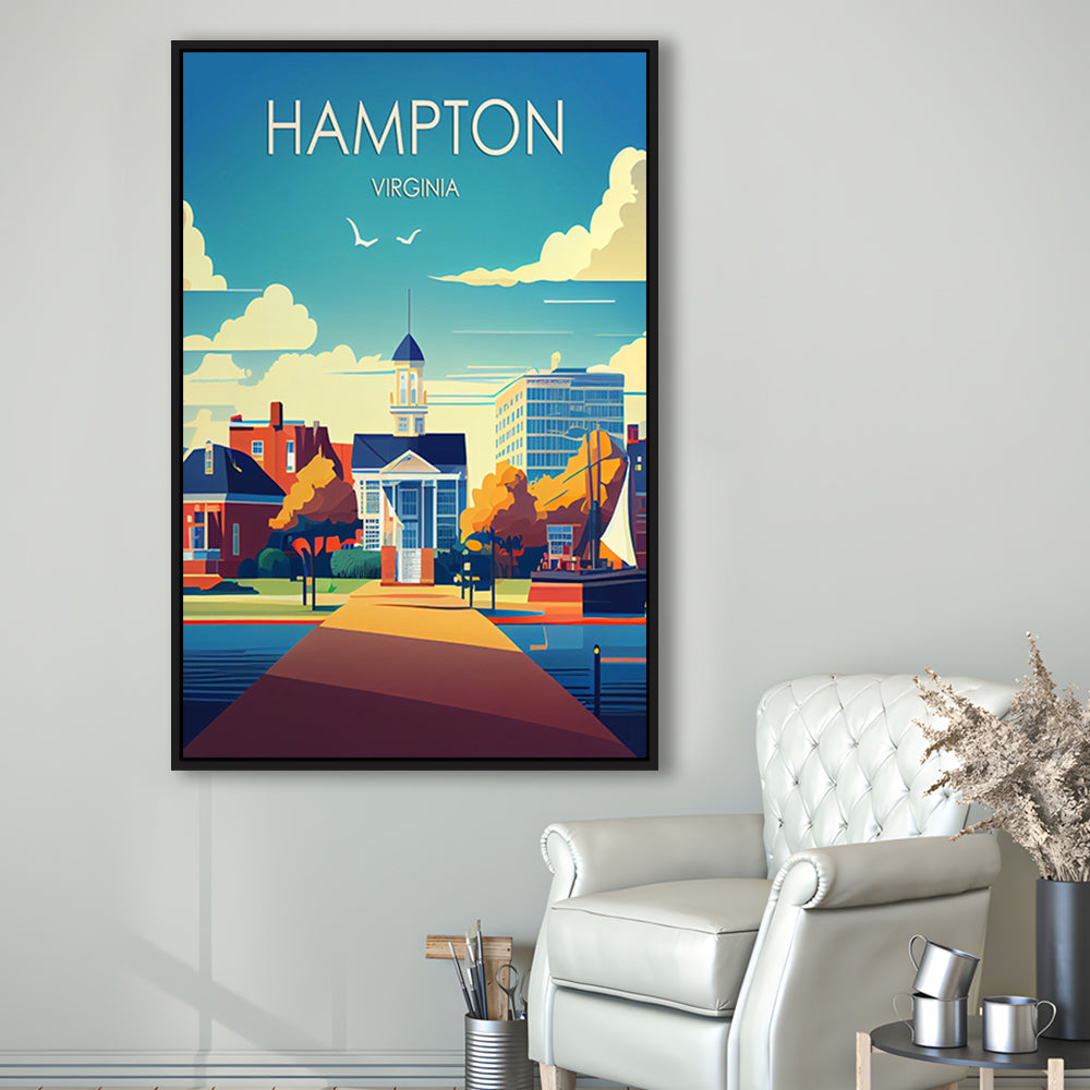 Hampton Virginia Retro Art Print, Hampton City Wall Art, Floating Framed Canvas Print, Framed Picture, Painting Canvas