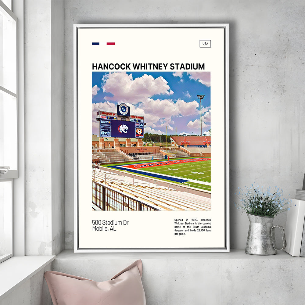 Hancock Whitney Stadium Print, South Alabama Jaguars Stadium Art, Man Cave Gift, Floating Framed Canvas Print Wall Art