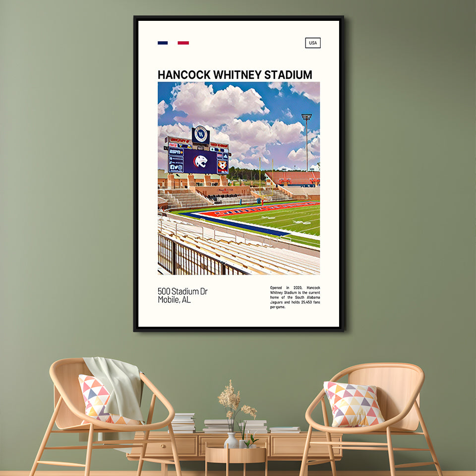 Hancock Whitney Stadium Print, South Alabama Jaguars Stadium Art, Man Cave Gift, Floating Framed Canvas Print Wall Art
