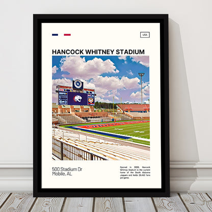 Hancock Whitney Stadium Print, South Alabama Jaguars Stadium Art, Man Cave Gift, Floating Framed Canvas Print Wall Art