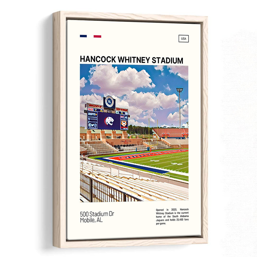 Hancock Whitney Stadium Print, South Alabama Jaguars Stadium Art, Man Cave Gift, Floating Framed Canvas Print Wall Art