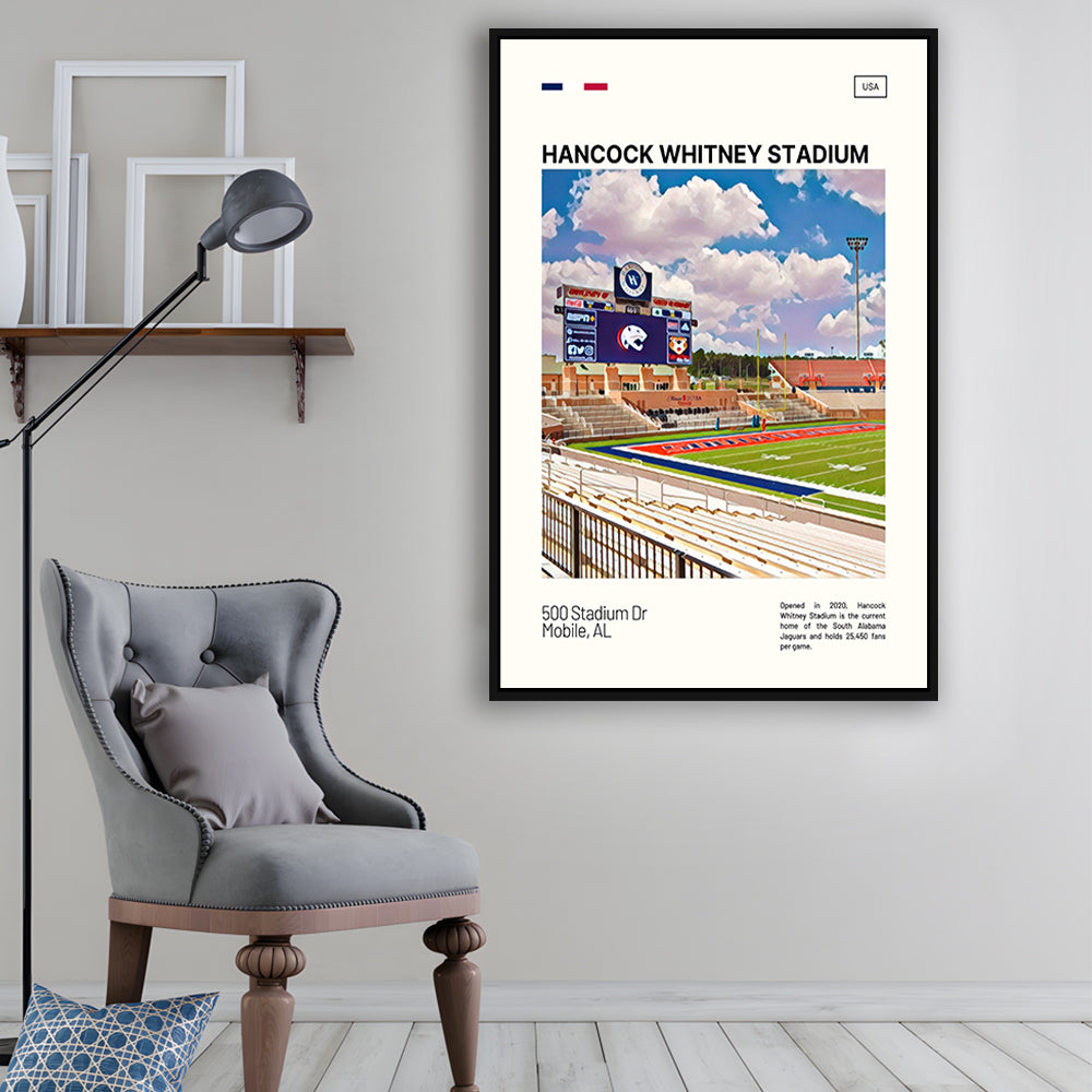 Hancock Whitney Stadium Print, South Alabama Jaguars Stadium Art, Man Cave Gift, Floating Framed Canvas Print Wall Art