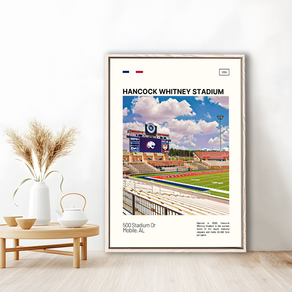Hancock Whitney Stadium Print, South Alabama Jaguars Stadium Art, Man Cave Gift, Floating Framed Canvas Print Wall Art