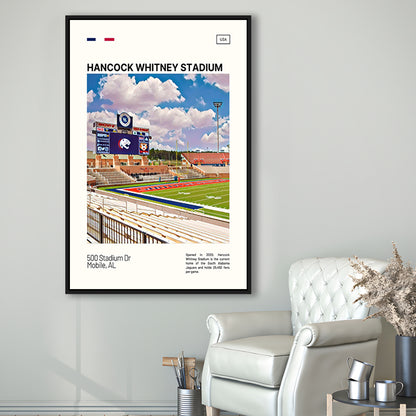 Hancock Whitney Stadium Print, South Alabama Jaguars Stadium Art, Man Cave Gift, Floating Framed Canvas Print Wall Art