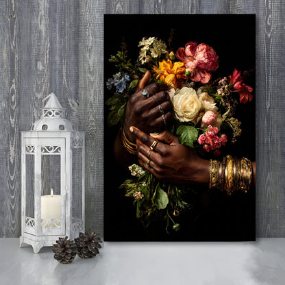 Hand With Flowers, Black Wall Art, Romantic Couple Print, African American Art, Dark Floral Romantic, Canvas Print, Canvas Decor