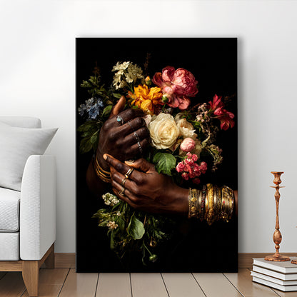 Hand With Flowers, Black Wall Art, Romantic Couple Print, African American Art, Dark Floral Romantic, Canvas Print, Canvas Decor