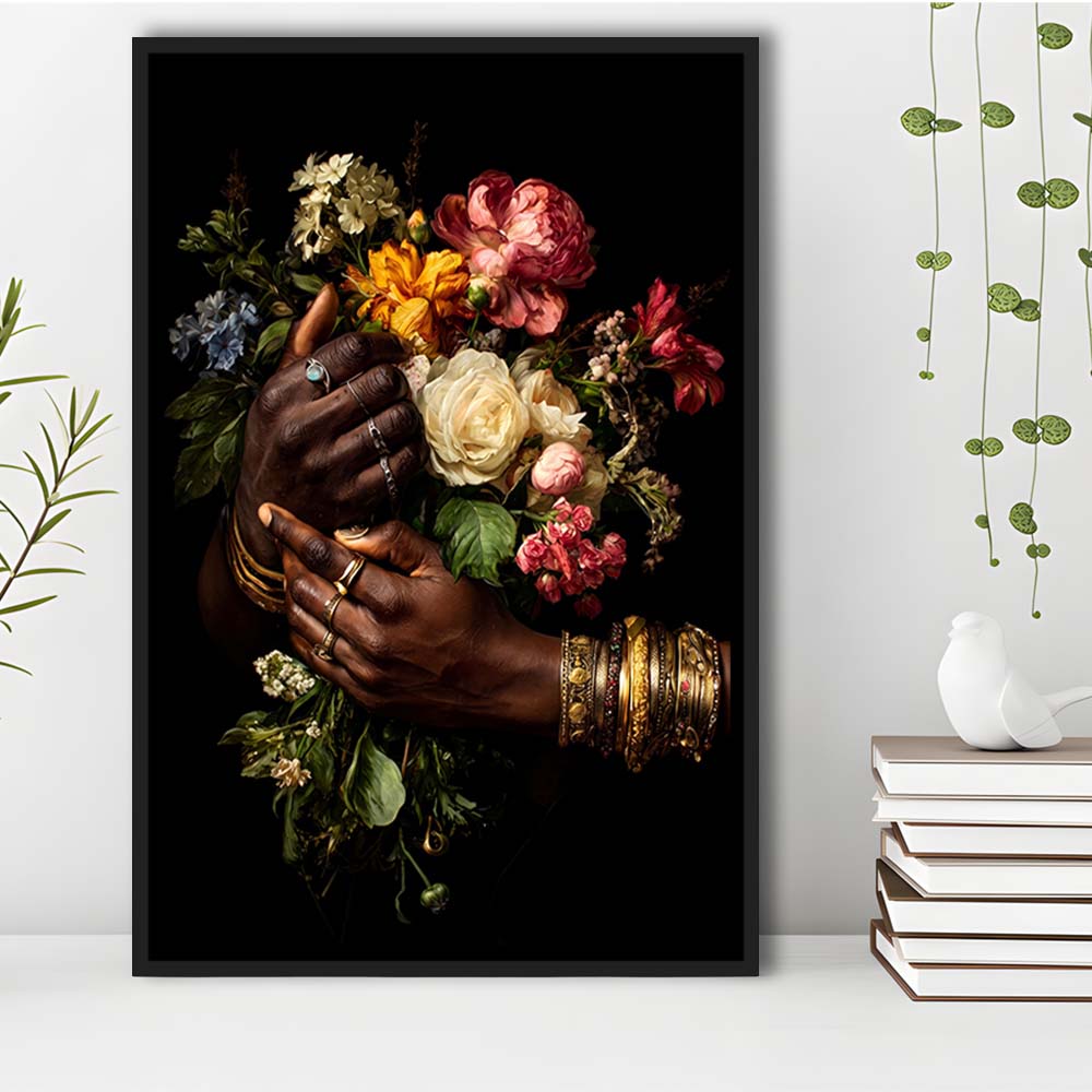 Hand With Flowers, Black Wall Art, Romantic Couple Print, Dark Floral Romantic, Framed Canvas Print, Floating Frame