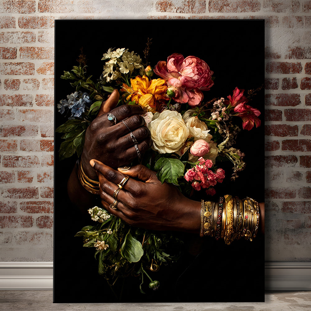 Hand With Flowers, Black Wall Art, Romantic Couple Print, African American Art, Dark Floral Romantic, Canvas Print, Canvas Decor