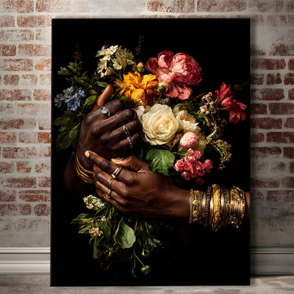Hand With Flowers, Black Wall Art, Romantic Couple Print, African American Art, Dark Floral Romantic, Canvas Print, Canvas Decor