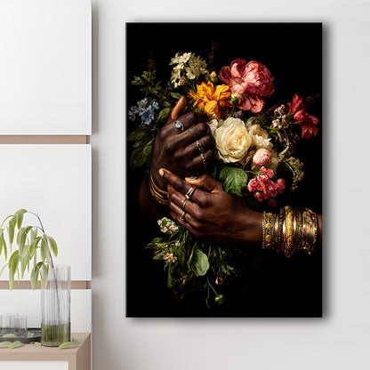 Hand With Flowers, Black Wall Art, Romantic Couple Print, African American Art, Dark Floral Romantic, Canvas Print, Canvas Decor