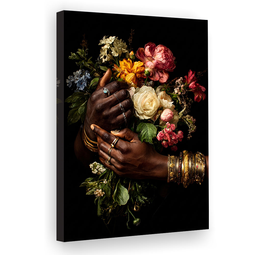 Hand With Flowers, Black Wall Art, Romantic Couple Print, African American Art, Dark Floral Romantic, Canvas Print, Canvas Decor