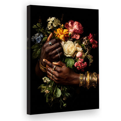 Hand With Flowers, Black Wall Art, Romantic Couple Print, African American Art, Dark Floral Romantic, Canvas Print, Canvas Decor