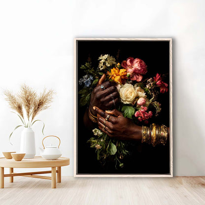 Hand With Flowers, Black Wall Art, Romantic Couple Print, Dark Floral Romantic, Framed Canvas Print, Floating Frame