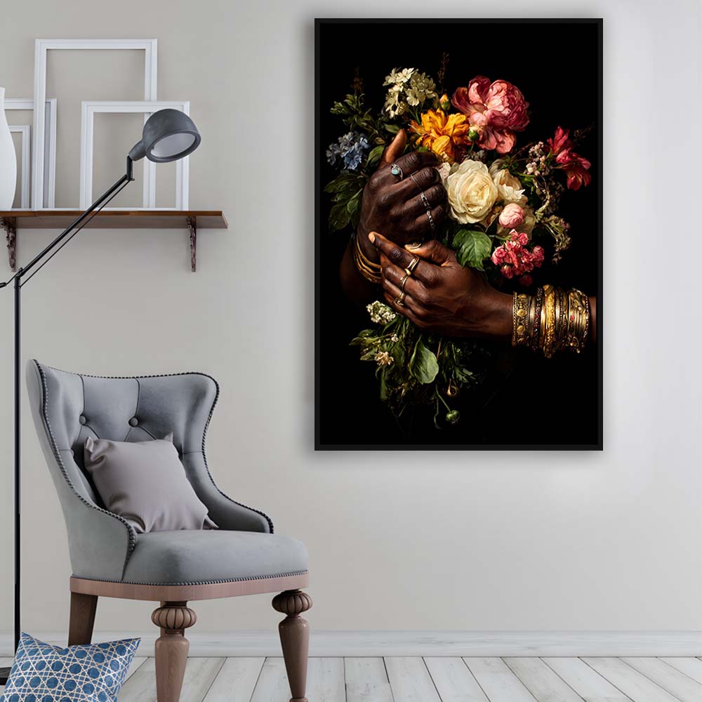 Hand With Flowers, Black Wall Art, Romantic Couple Print, Dark Floral Romantic, Framed Canvas Print, Floating Frame