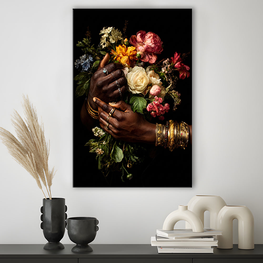 Hand With Flowers, Black Wall Art, Romantic Couple Print, African American Art, Dark Floral Romantic, Canvas Print, Canvas Decor