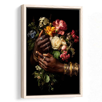 Hand With Flowers, Black Wall Art, Romantic Couple Print, Dark Floral Romantic, Framed Canvas Print, Floating Frame