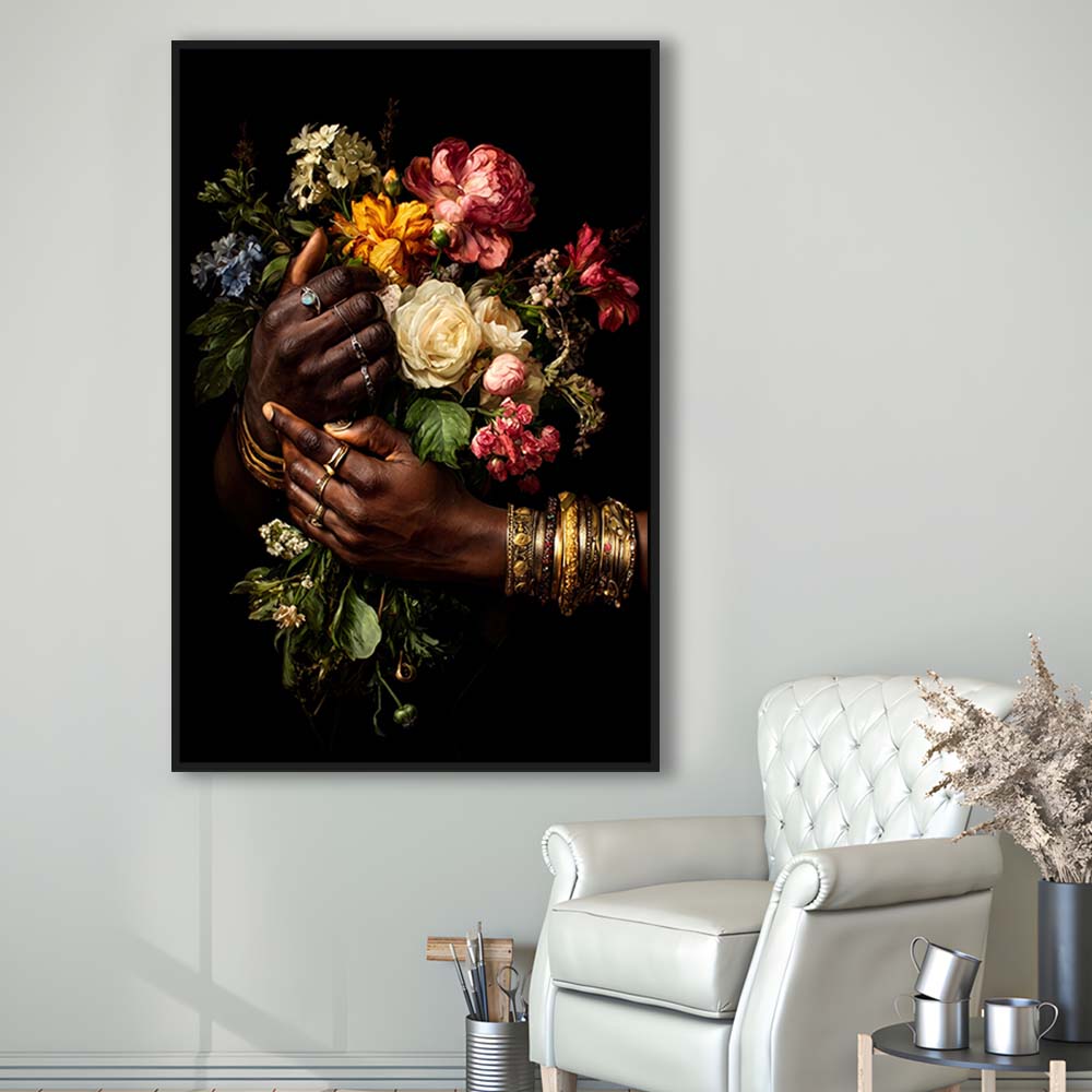 Hand With Flowers, Black Wall Art, Romantic Couple Print, Dark Floral Romantic, Framed Canvas Print, Floating Frame