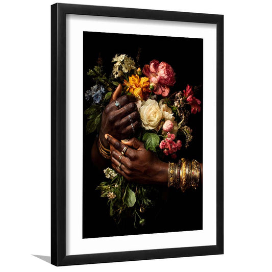 Hand With Flowers, Black Wall Art, Romantic Couple Print, Dark Floral Romantic, Framed Art Print, White Border