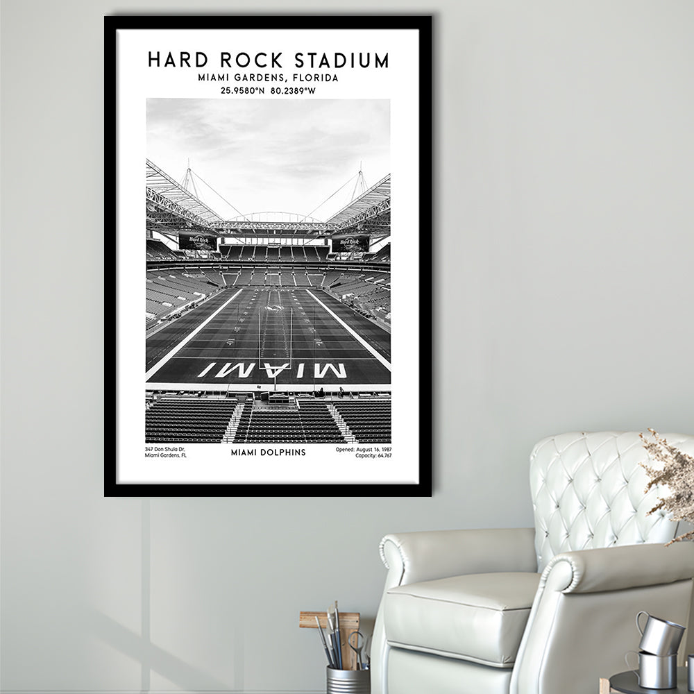 Hard Rock Stadium Black And White, Miami Dolphins Football Stadium Wall Art Print, Framed Art Prints Wall Decor