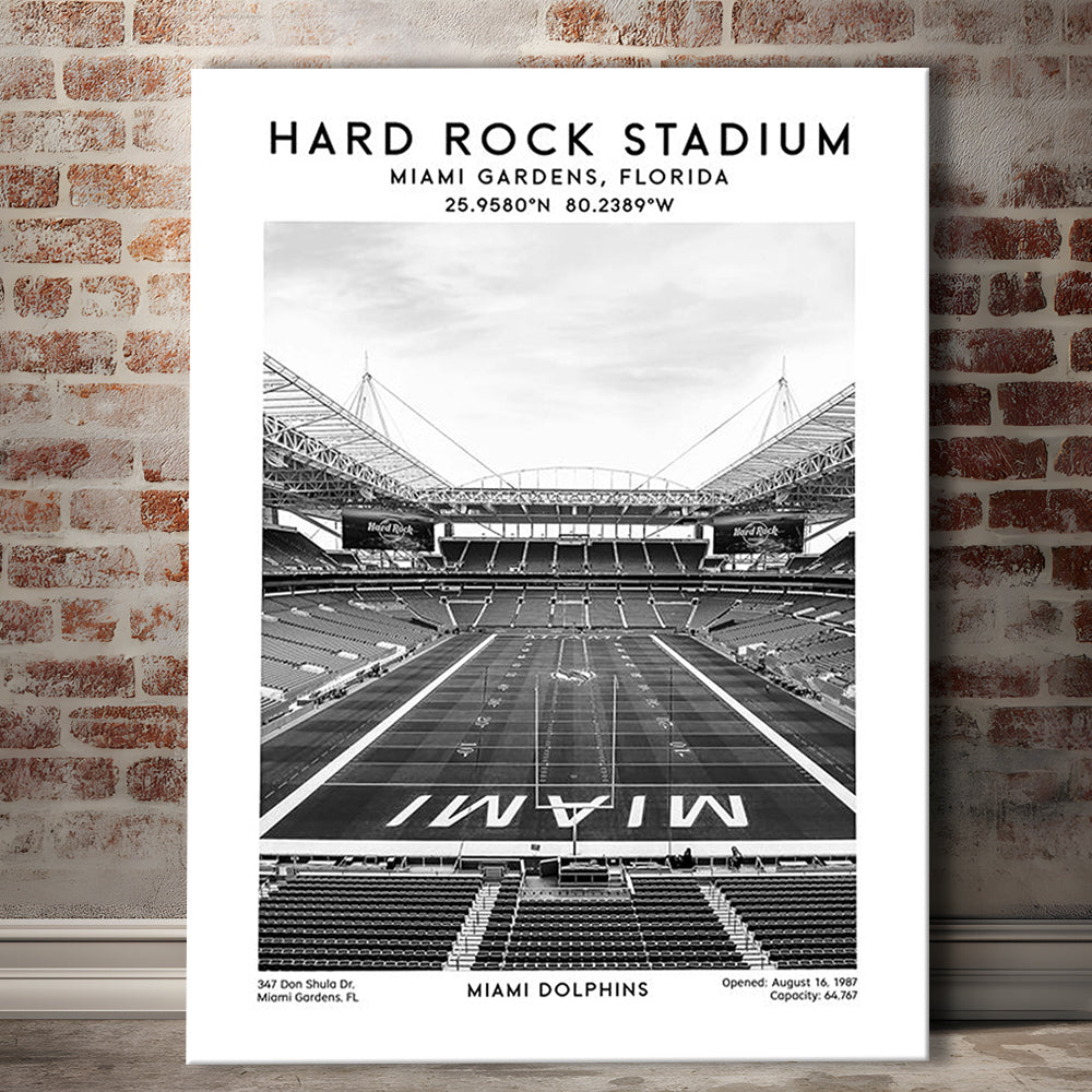 Hard Rock Stadium Black And White, Miami Dolphins Football Stadium Wall Art Print, Canvas Prints Wall Art, Man Cave Decor