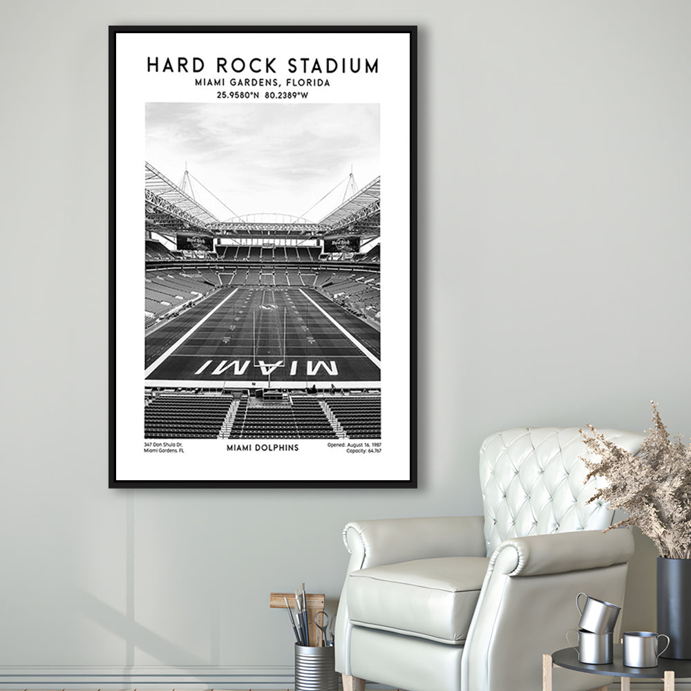 Hard Rock Stadium Black And White, Miami Dolphins Football Stadium Wall Art Print, Framed Canvas Prints Wall Art
