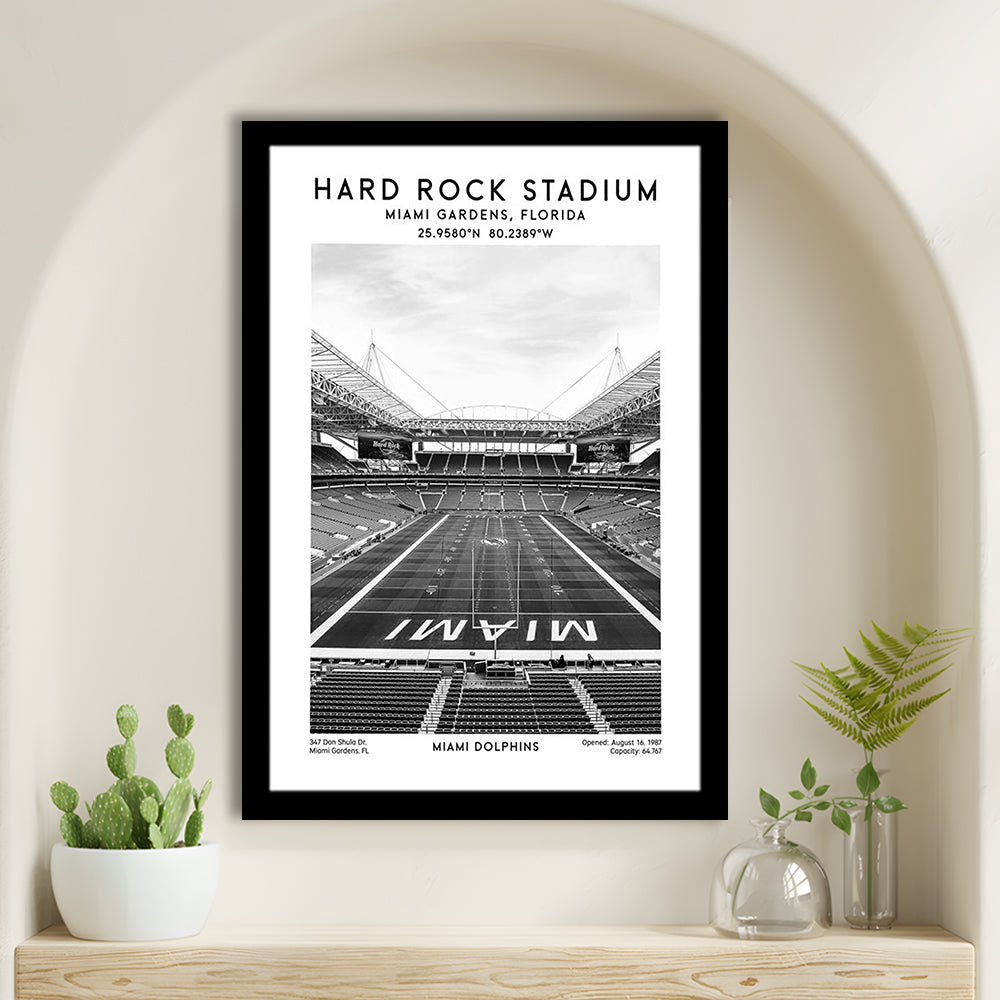 Hard Rock Stadium Black And White, Miami Dolphins Football Stadium Wall Art Print, Framed Art Prints Wall Decor