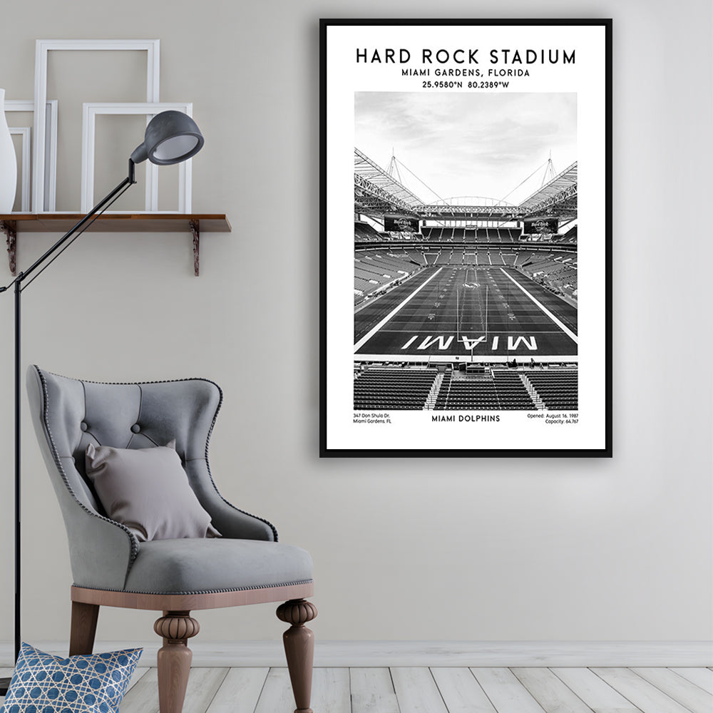 Hard Rock Stadium Black And White, Miami Dolphins Football Stadium Wall Art Print, Framed Canvas Prints Wall Art