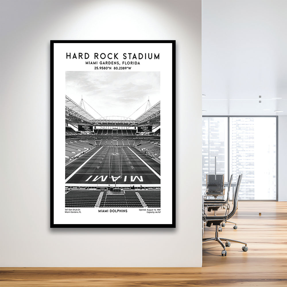 Hard Rock Stadium Black And White, Miami Dolphins Football Stadium Wall Art Print, Framed Art Prints Wall Decor